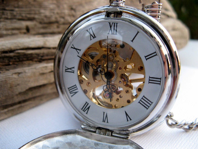Pocket Watch Engraved Silver Roman Mechanical - Double Cover - Groomsmen, Wedding, Men, Victorian Steampunk Era - Item MPW66