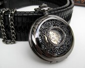 Filigree Pocket Watch, Antique Black Roman Mechanical Pocket Watch - Steampunk Victorian - Men - Wedding - Groomsmen - Watch - Item MPW161