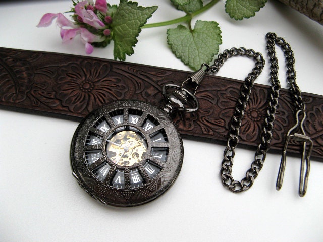 Neo Victorian Black Mechanical Pocket Watch 17 Jewel - Pocket Watch Chain - Watch - Best Man - Groomsmen Gift - Item MPW160