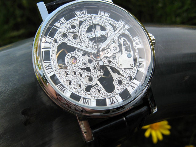 Silvertone Mechanical Wrist Watch with Black Leather Wristband, Steampunk, Groomsmen - Item MWA385-BL