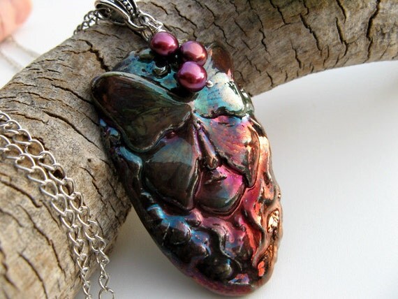 Enchanted Fairy Necklace, Raku Ceramic Tree Spirit Pendant, Copper, Teal, Silver Chain, Pearl Charm