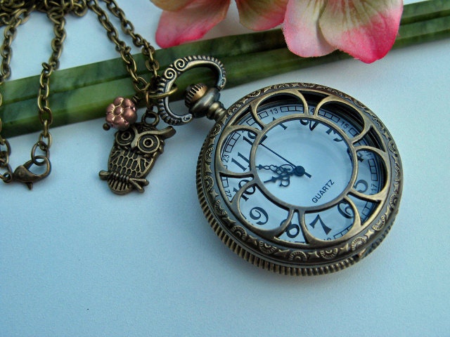 Antique Bronze Floral Pocket Watch Locket Pendant with Cute Owl Charm and Peach Czech Glass Flower Necklace