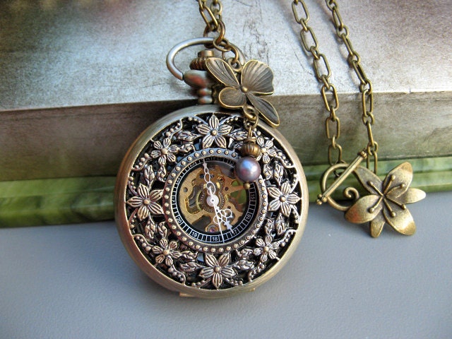 Cherry Blossom Pocket Watch Necklace, Antique Bronze Pocket Watch, Orchid & Black Pearl Charm - Item MPW-N67