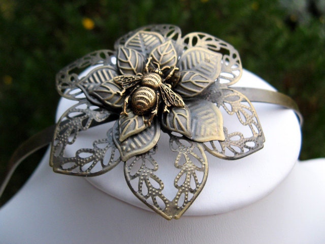 Bronze Filigree Metal Headband - Flower and Bee Headband - Steampunk Victorian Elegance