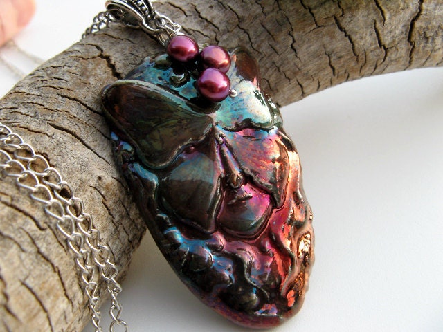 Enchanted Fairy Necklace, Raku Ceramic Tree Spirit Pendant, Copper, Teal, Silver Chain, Pearl Charm