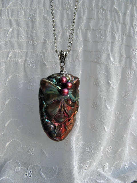 Enchanted Fairy Necklace, Raku Ceramic Tree Spirit Pendant, Copper, Teal, Silver Chain, Pearl Charm