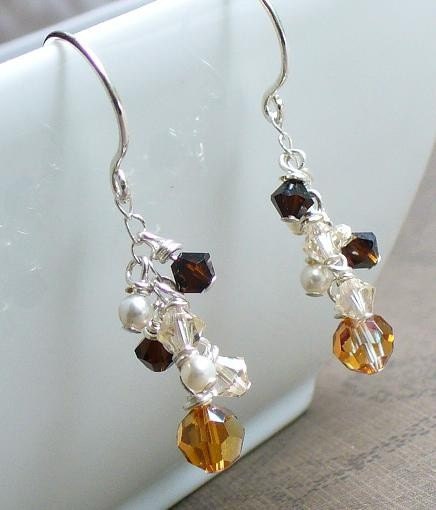 Copper, Mocca, Crystal and Pearl Cascade Earrings