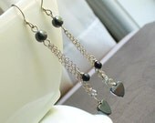 Hematite Hearts Pearls and Crystal Sterling Silver Chain Earrings