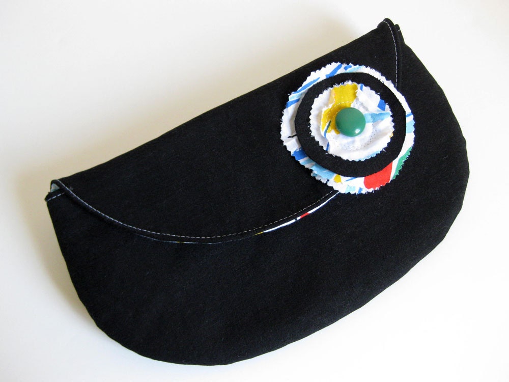 CLUTCH PURSE - recycled clutch - black clutch - nautical clutch - BONUS removable flower pin