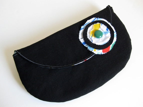 CLUTCH PURSE - recycled clutch - black clutch - nautical clutch - BONUS removable flower pin