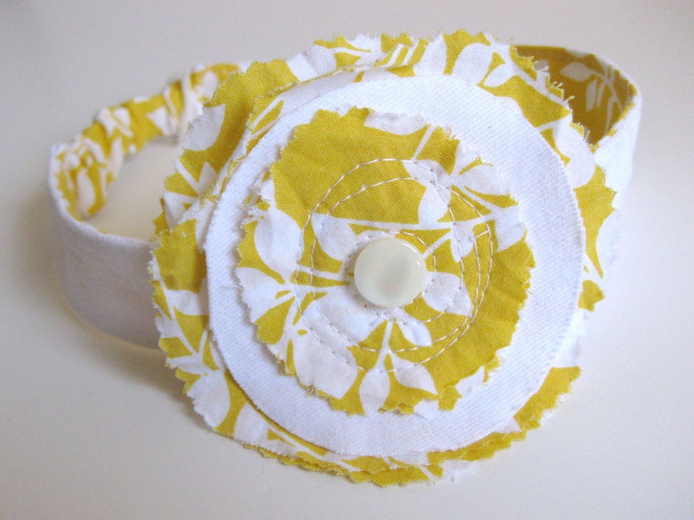BRIDESMAID HEADBAND - recycled white denim - yellow floral headband - BONUS removable hair clip