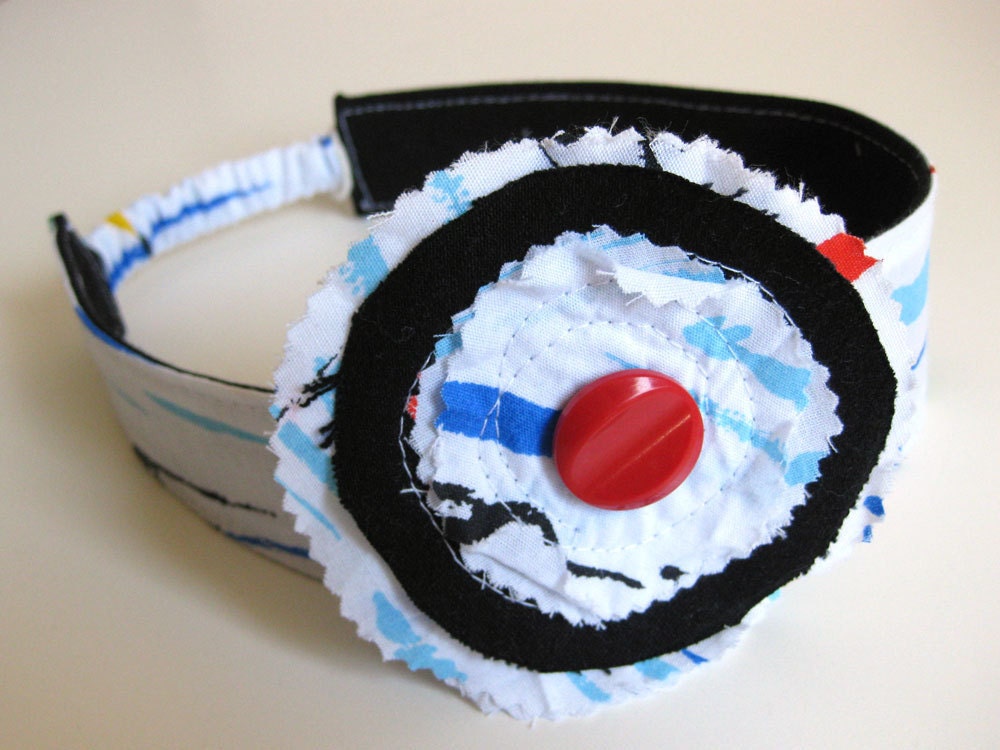 ABSTRACT REVERSIBLE HEADBAND - recycled black denim - flower hair clip