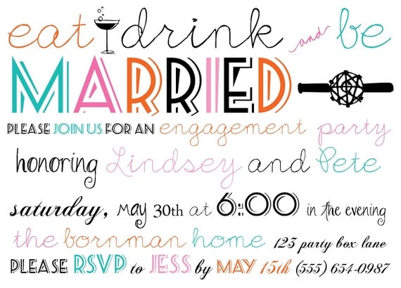Eat, Drink and be MARRIED Engagement Party Invite (20 printed invites w/glitter)