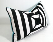 SALE - Black White Pillow Cover - Decorative Cushion - Modern Striped - Turquoise - Sunbrella Aruba Blue - 12 X 18 inch