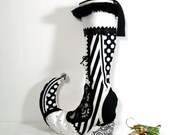 Victorian Christmas Stocking - Black White - Whimsical Holiday Decor - Decorative Elf Shoe Granny Boot - Silk - Silver Bells - 17 X 12 inch