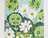 Alliums and Cosmos linocut print.