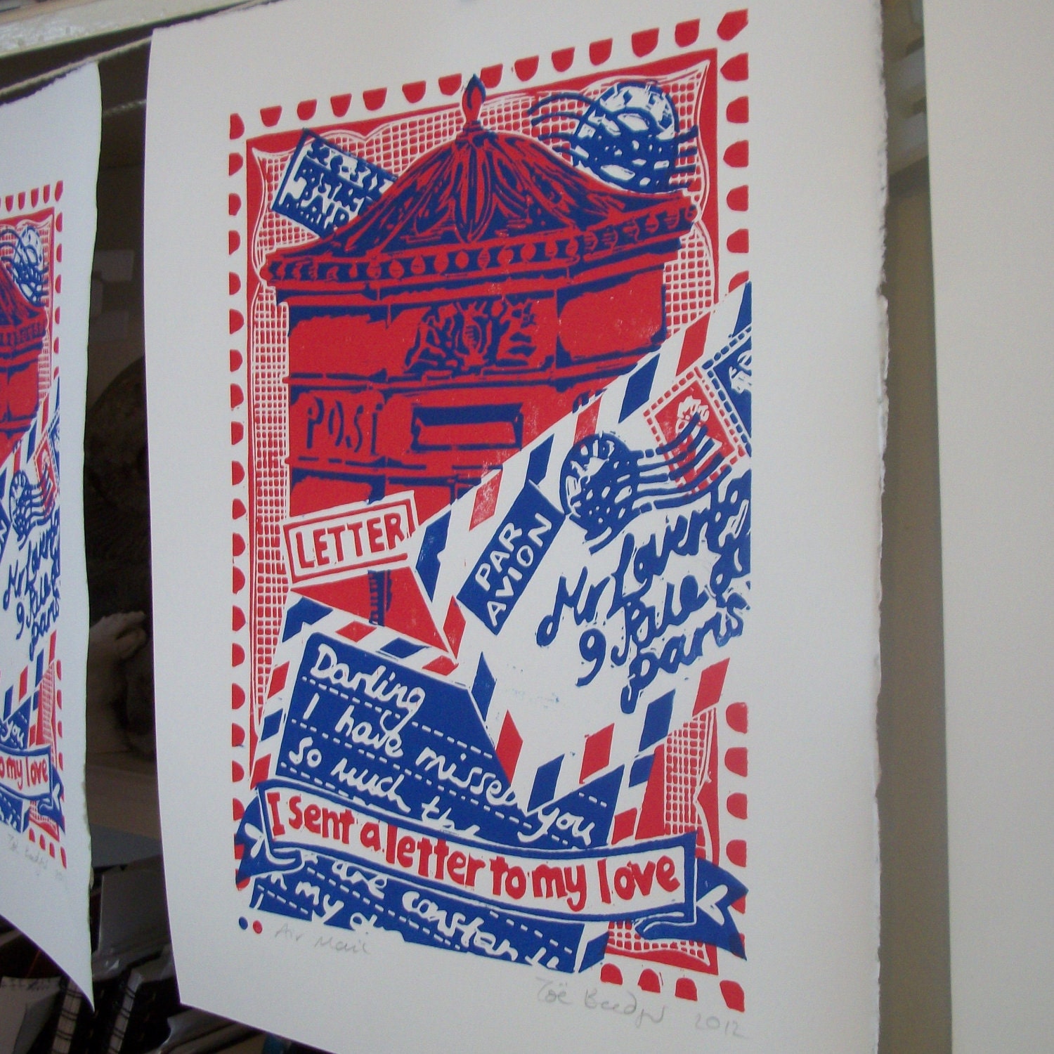 Valentines Air Mail Letter Box linocut print.