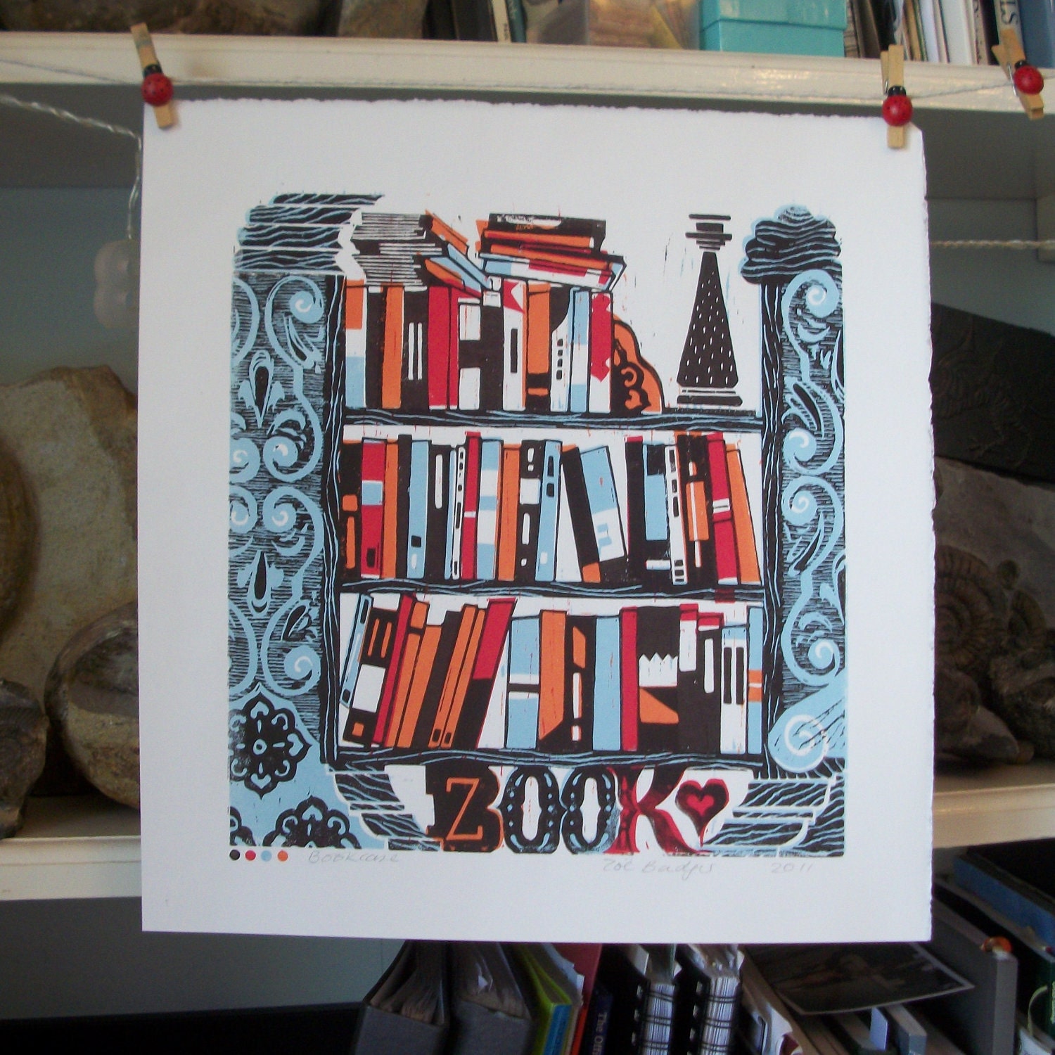 Bookcase linocut print.