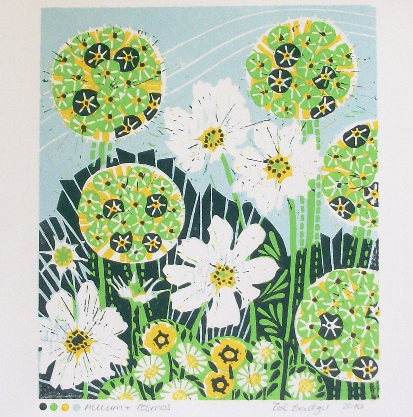 Alliums and Cosmos linocut print.