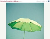 SALE Beach photograph - Holiday, seaside vacation, parasol, lime green umbrella, home decor - Green Parasol 8x8" Print