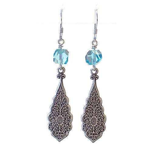 Aqua Blue Earrings blue crystal earrings vintage look filigree silver pendant