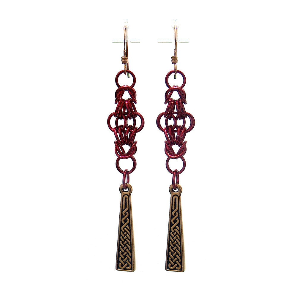 Red Celtic Earrings red byzantine chainmail earrings celtic cross pewter pendant gold filled earwires