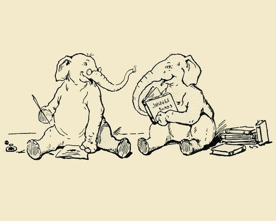 5x7 Print -Elephants Reading- From 1905 Children's Book Illustration