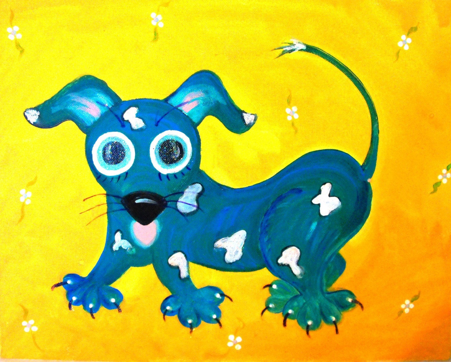 TEAL BLUE DOG- 11x14in. original gouache painting on canvas board