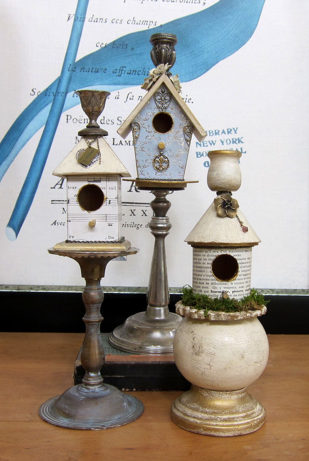 RESERVED for Nancy Up-cycled Birdhouse Candlestick Holder Handmade Vintage Shabby Chic Style