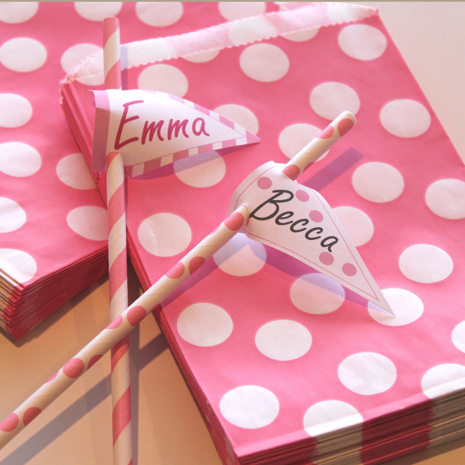Favor Bags, 24 Pink with White Dots Party Favor Bags - Wedding - Party - Paper Bags - Baking Supplies,  Made In Usa