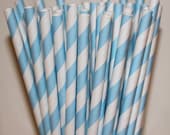 50 Powder Blue Paper Drinking Straws with DIY flags,  Milk and Cookies, Party, Birthday, Baby Shower,Wedding, Light Baby Blue
