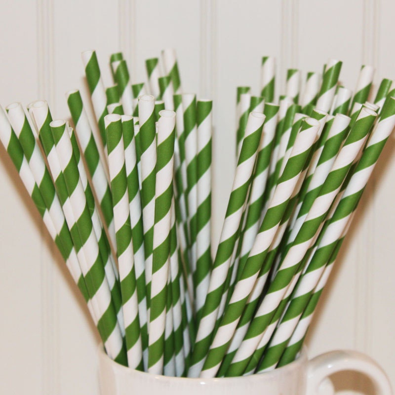 50 KELLY GREEN Striped Paper Straws with DIY Printable Flags - Christmas, Parties, Vintage Striped Straws