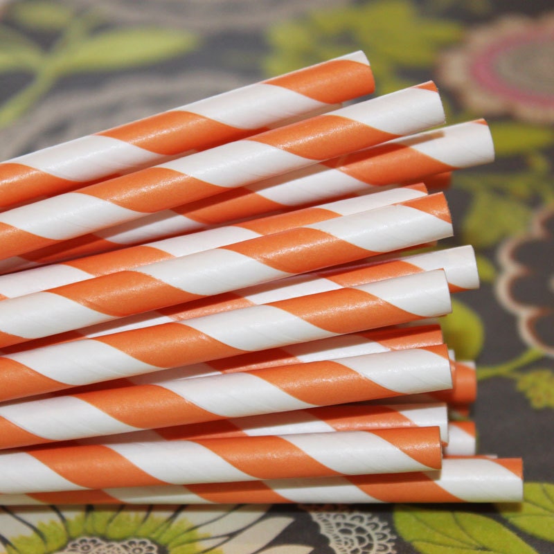 25 Orange Striped Paper Straws with DIY Printable Flag Pennants, Carnival, Wedding, Birthday