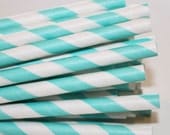 Paper Straws, 25 Aqua Striped Paper Strraws, Drinking Straws, Party, Pool, Beach, Wedding, Pink Lemonade, Mason Jar Straws