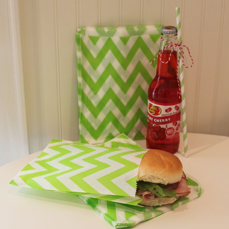 Chevron Party Favor / Sandwich Bags, 24 Lime CHEVRON Party Bags - Wedding - Birthday - Packaging - Picnic - Party - Events