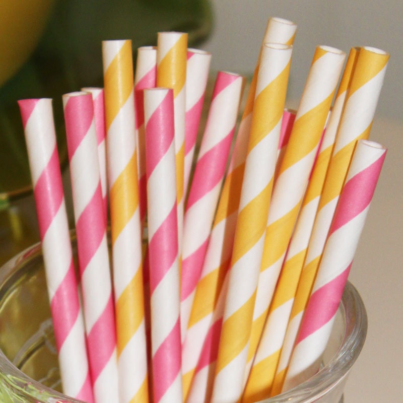 30 Paper Straws, Lemonade Stand, Pink and Yellow Striped Drinking Straws with DIY Flags, Pink Lemonade Parties, Tea Party, Baby Showers