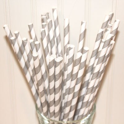 200 Grey Barber pole paper drinking straws with FREE Blank Straw Flags - Wedding, Graduation, Party