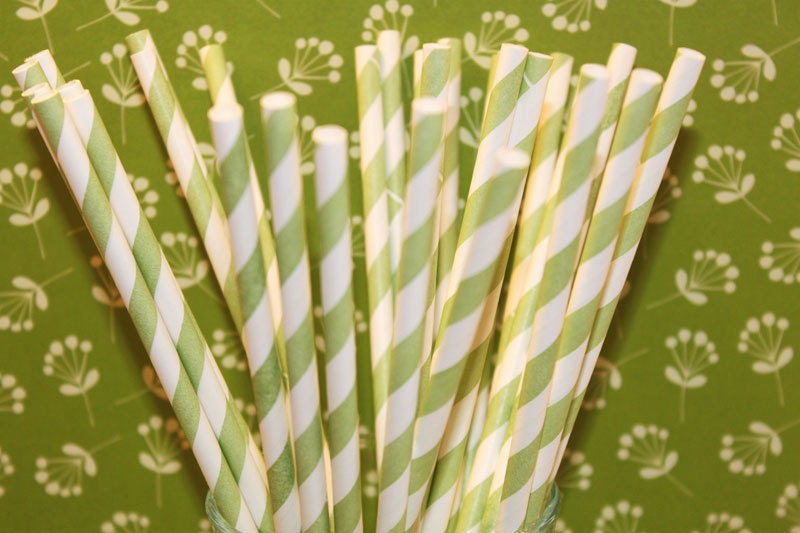 Paper Straws - 100 Green Striped Paper Straws with DIY Printable Flags, Wedding, Baby Shower,MADE In USA