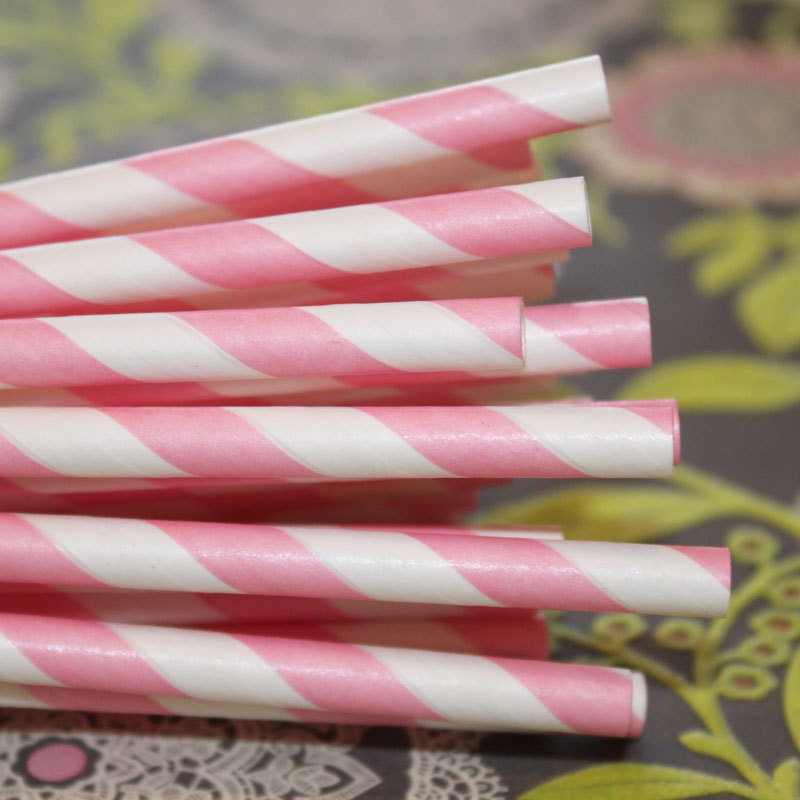 50 Paper Straws, PINK STRIPE Paper Straws with Diy Flags,Birthday, Party Straws, Baby Shower, Weddings, Girl Parties