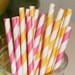 30 Paper Straws, Lemonade Stand, Pink and Yellow Striped Drinking Straws with DIY Flags, Pink Lemonade Parties, Tea Party, Baby Showers