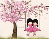 Cherry blossom tree art print, sisters, twins, best friends wall art, nursery decor, girls swinging, spring children art
