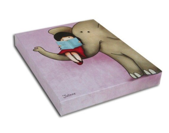 Kids room decor nursery wall art children room picture - girl reading a book on an elephant, canvas wall art kids