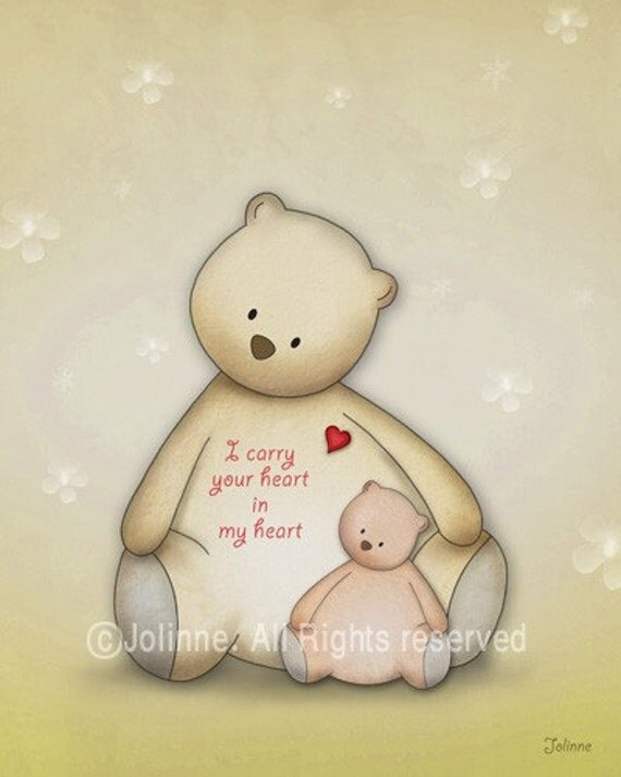 Nursery print, kids wall art, children room decor, emotional quote baby wall art I carry your heart nursery illustration teddy bears