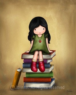 Kids room decor, nursery wall art, children room art, girl sitting on books  (Brown Background)