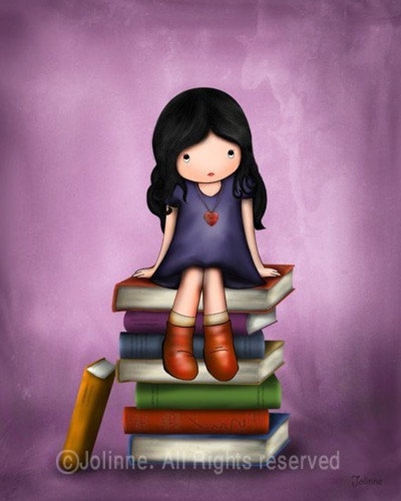 Girl sitting on books wall art print, girls room decor, nursery wall art, girl reading, purple children art, kids wall art