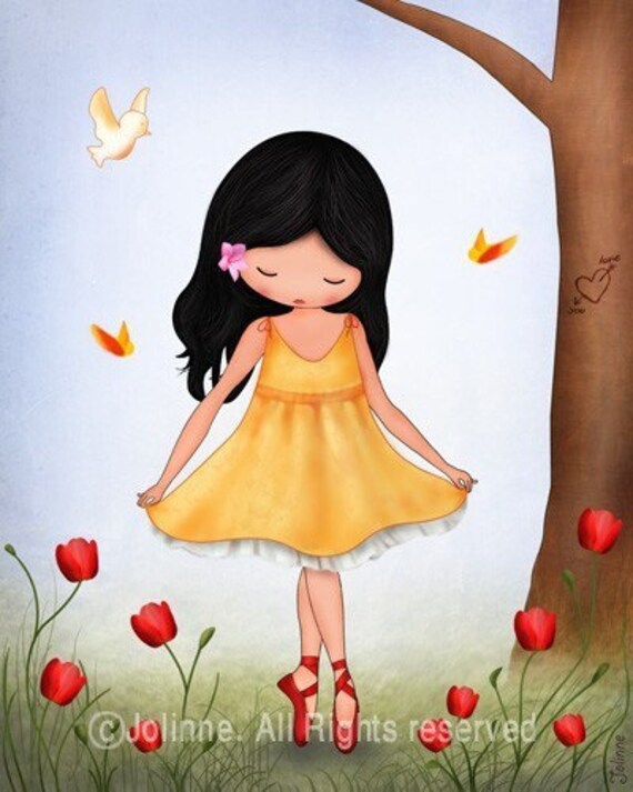 Girls art prints room decor wall art , children housewares , dancing girl in the forest poster, happy colorful picture for kids room