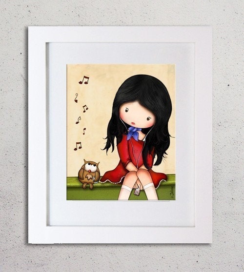 kids room art print, children wall decor, baby nursery art, girl and owl, music, wall hanging, beige background