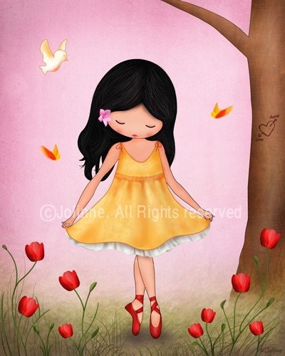 Art print for girls room, nursery art, ballerina, children room decor, pink wall art, children spring,  nature inspired