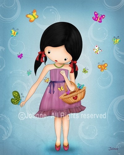 Art print for girls room, children wall art, nursery print, illustration girl with butterflies, turquoise room art ,children spring