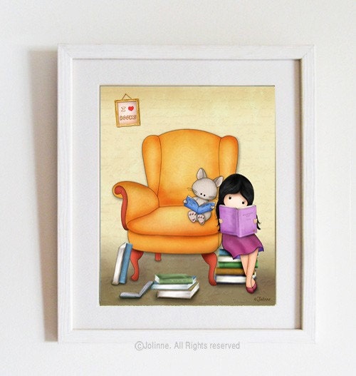 Children art prints, Kids room wall art , nursery decor, cute drawing print girl and cat reading books in a library (V2)